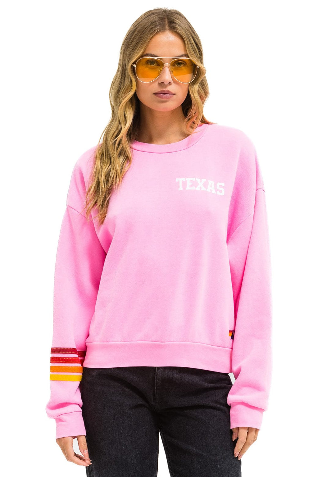 Retro UNIVERSITY OF TEXAS RUGBY STITCH CREW SWEATSHIRT RELAXED - NEON PINK