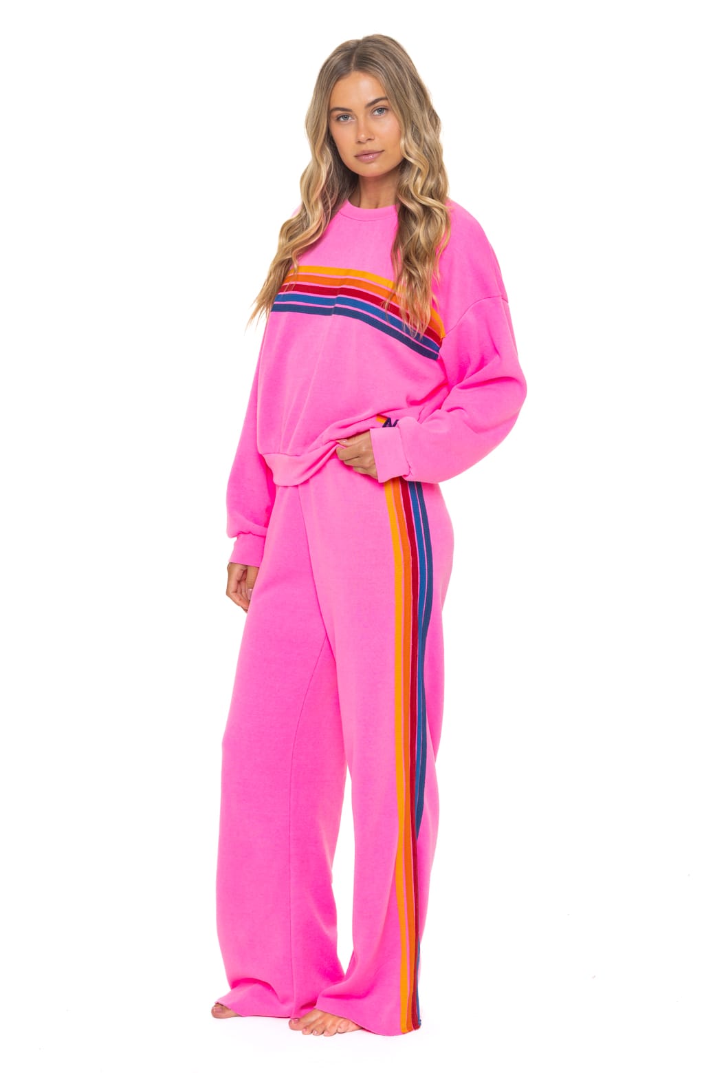 Retro 5 STRIPE RELAXED CREW SWEATSHIRT - NEON PINK