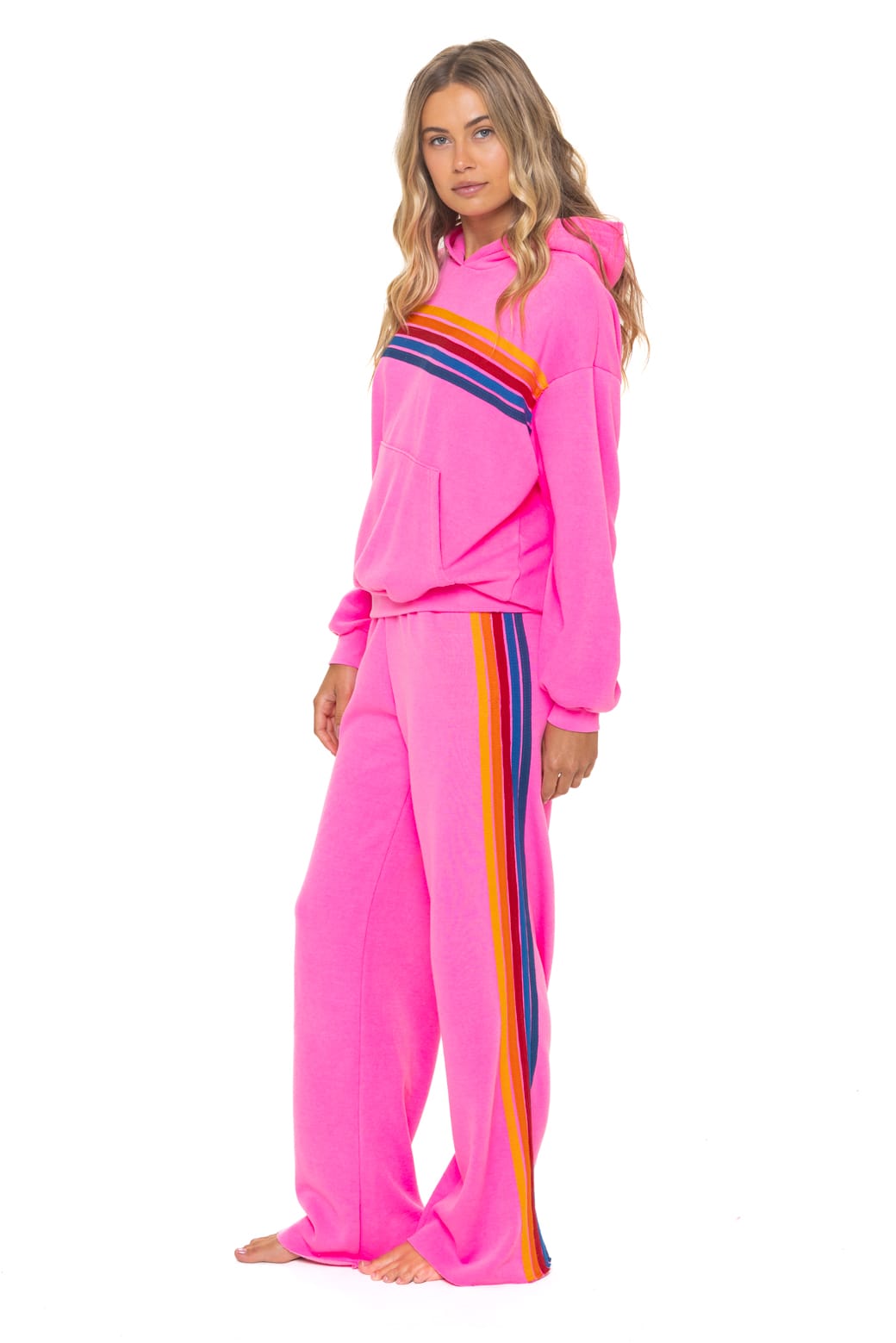 Retro 5 STRIPE WIDE LEG POCKET SWEATPANTS - NEON PINK