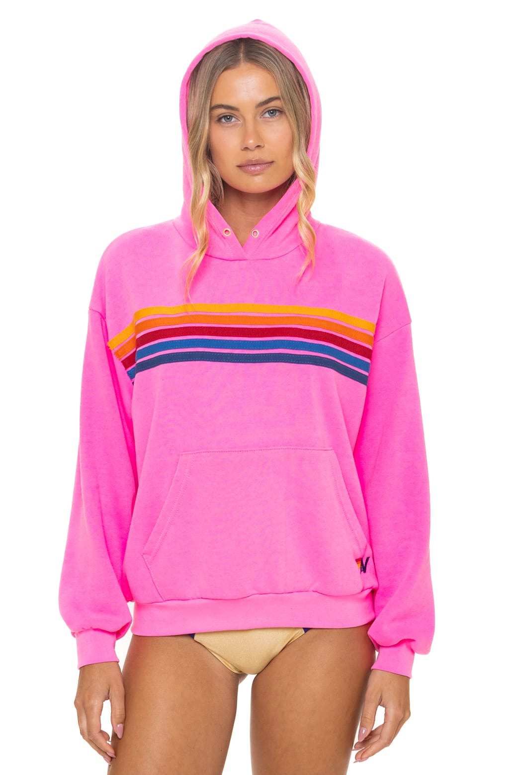 Retro 5 STRIPE RELAXED PULLOVER HOODIE - NEON PINK