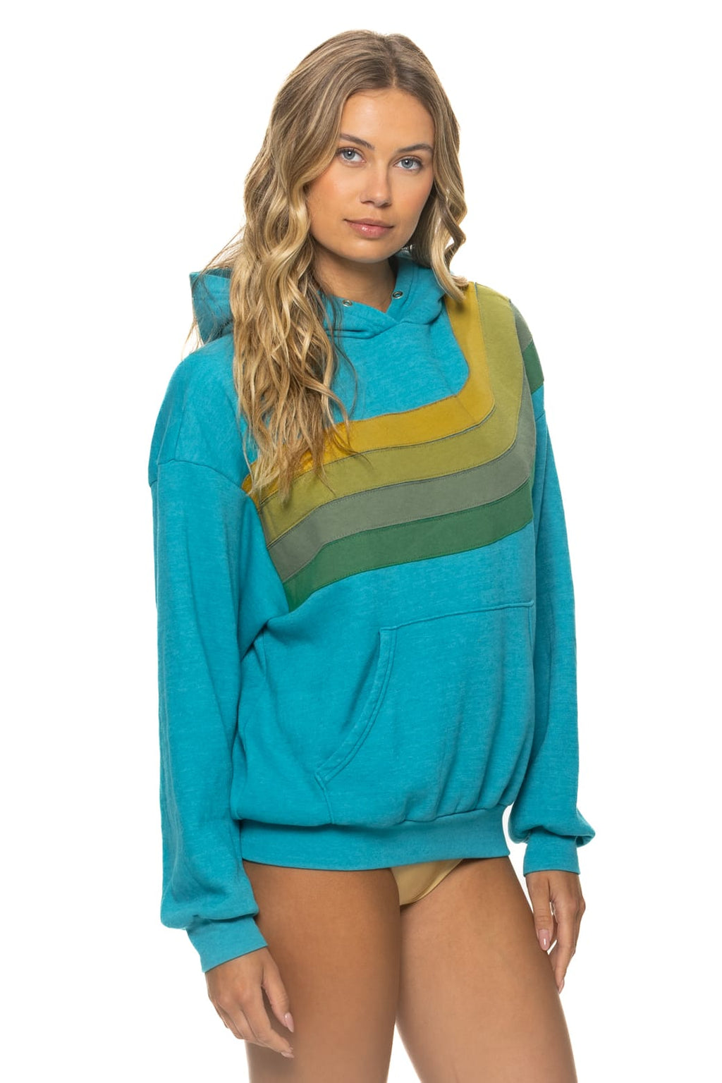 Retro WAVE STRIPE 4 PULLOVER HOODIE RELAXED - TEAL GREEN