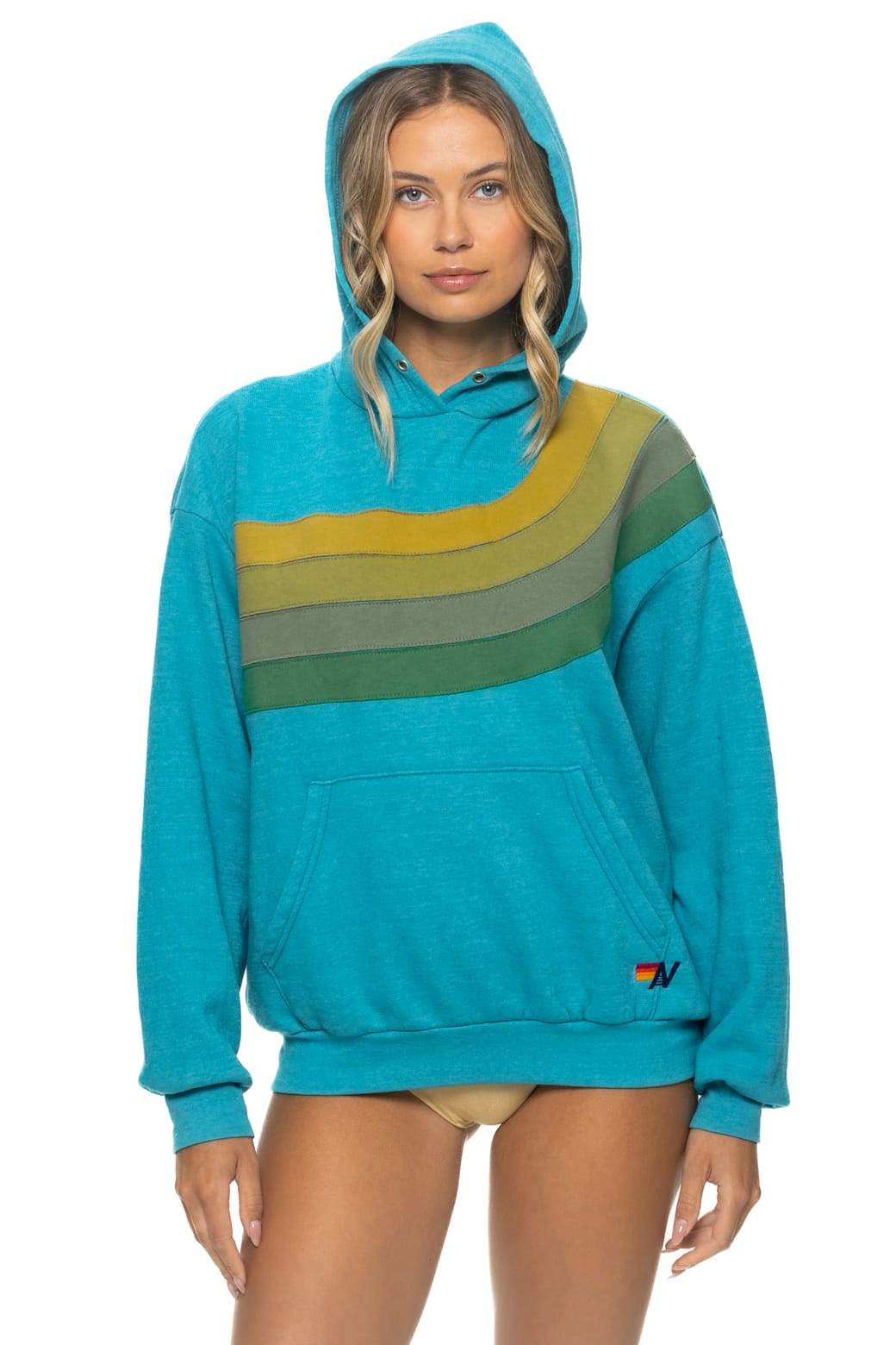 Retro WAVE STRIPE 4 PULLOVER HOODIE RELAXED - TEAL GREEN