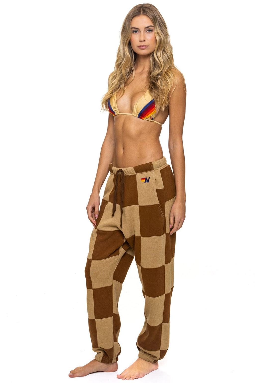 Retro CHECK QUILTED SWEATPANTS - TAN CINNAMON