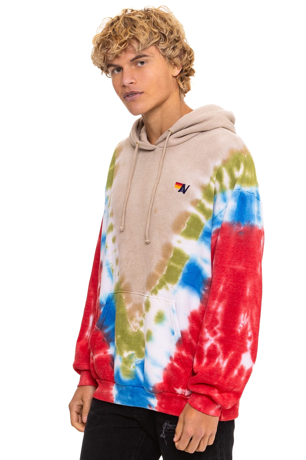Retro HAND DYED V RELAXED PULLOVER HOODIE - TIE DYE SAND BLUE RED