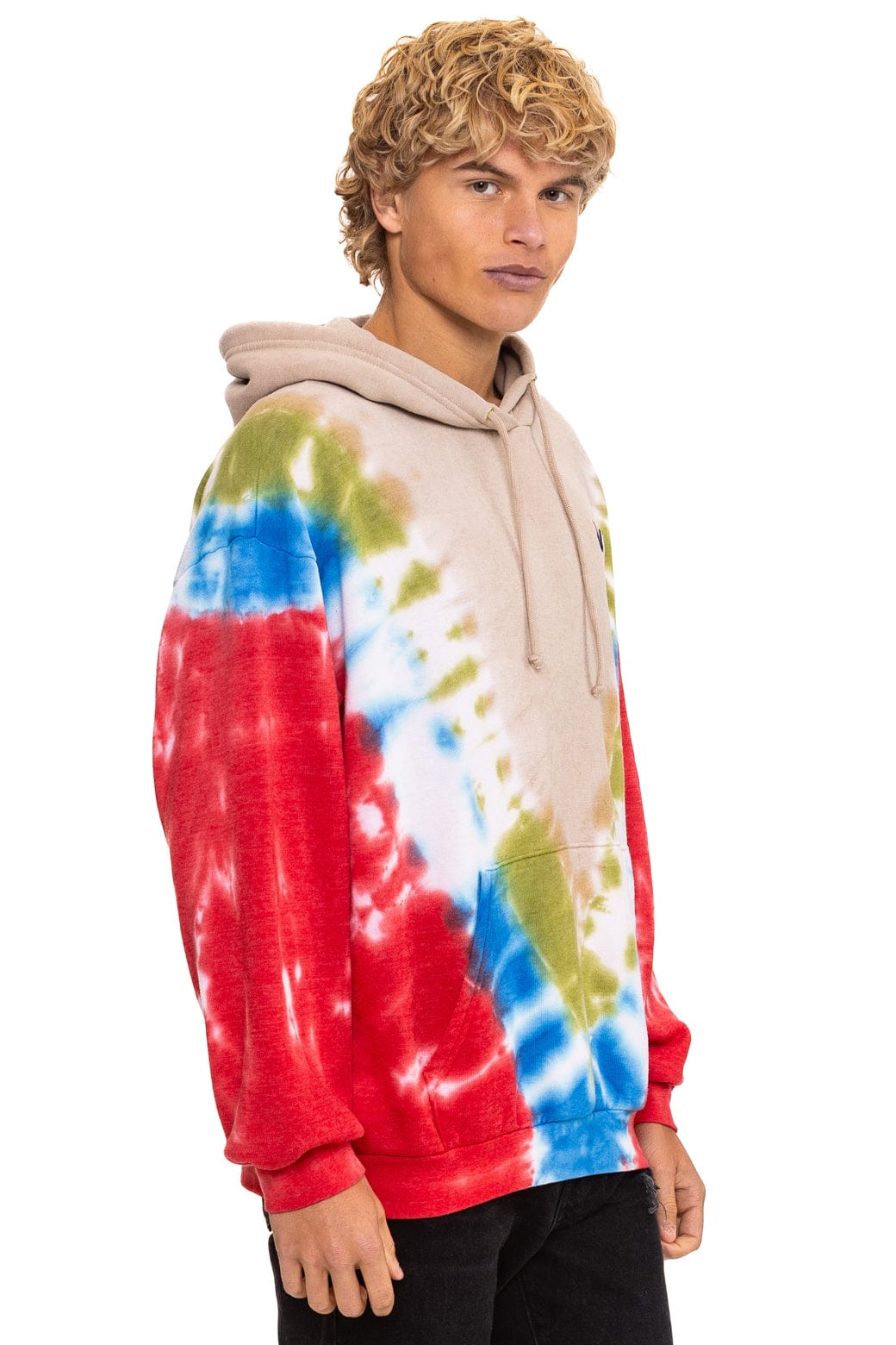 Retro HAND DYED V RELAXED PULLOVER HOODIE - TIE DYE SAND BLUE RED