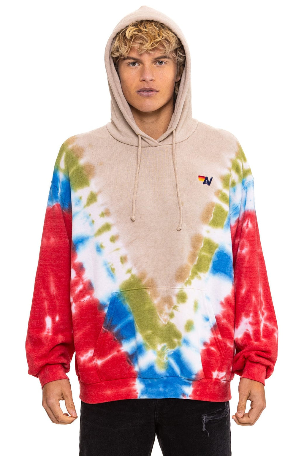 Retro HAND DYED V RELAXED PULLOVER HOODIE - TIE DYE SAND BLUE RED