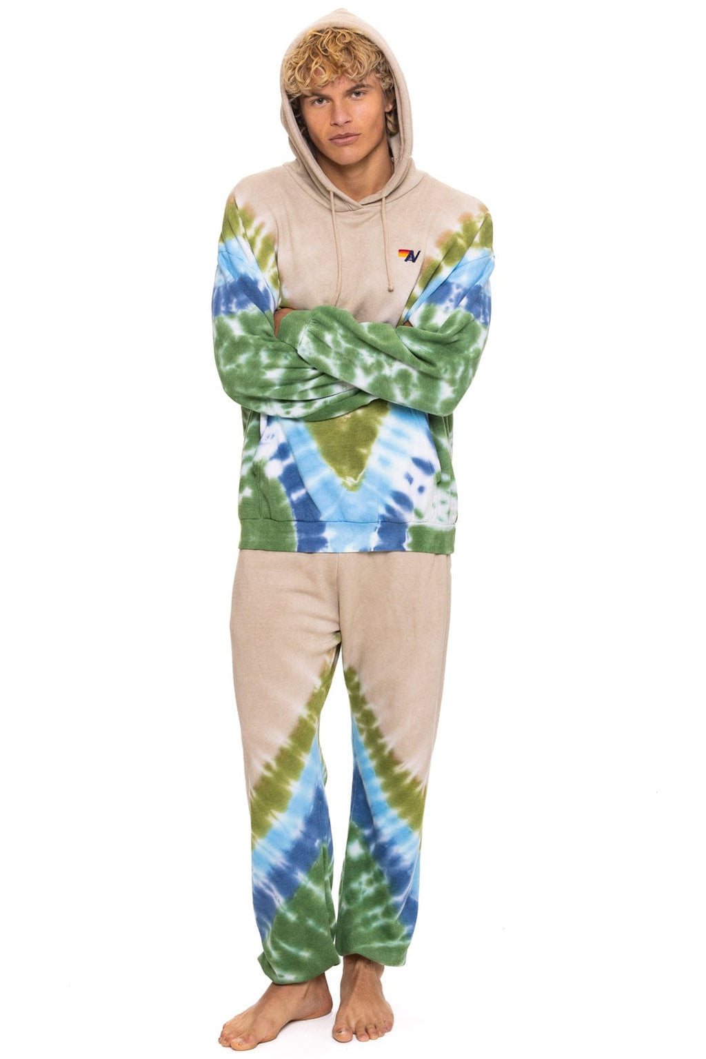 Retro HAND DYED V RELAXED PULLOVER HOODIE - TIE DYE SAND BLUE GREEN