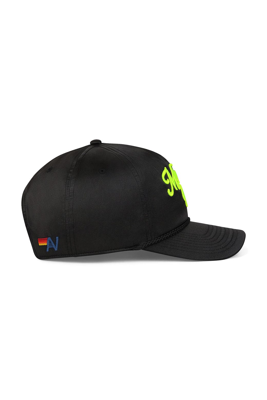 Retro MEMBERS EXCLUSIVE VINTAGE SATIN SCRIPT TRUCKER HAT - BLACK NEON YELLOW