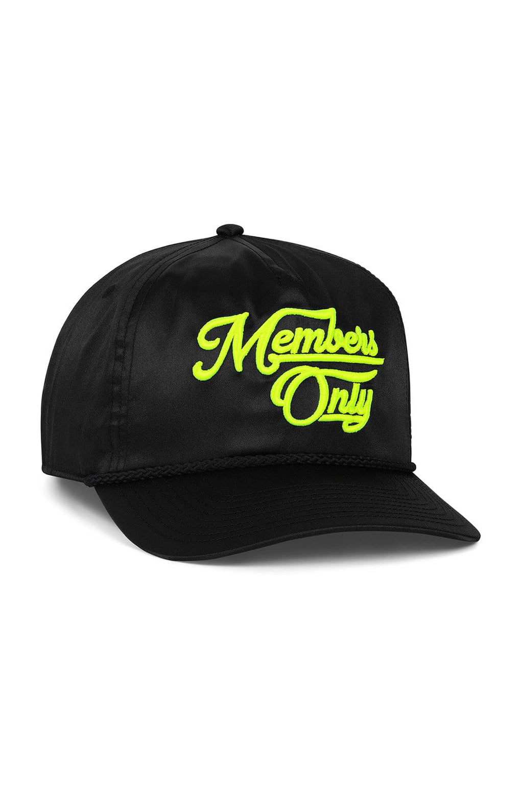 Retro MEMBERS EXCLUSIVE VINTAGE SATIN SCRIPT TRUCKER HAT - BLACK NEON YELLOW
