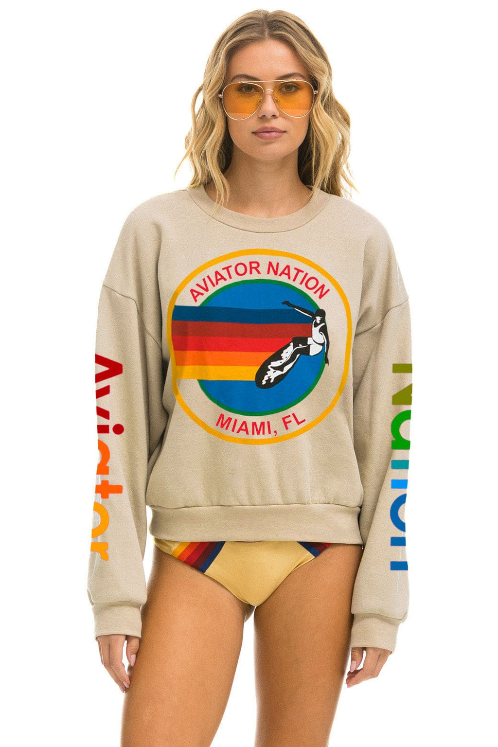 Retro AVIATOR NATION MIAMI RELAXED CREW SWEATSHIRT - SAND
