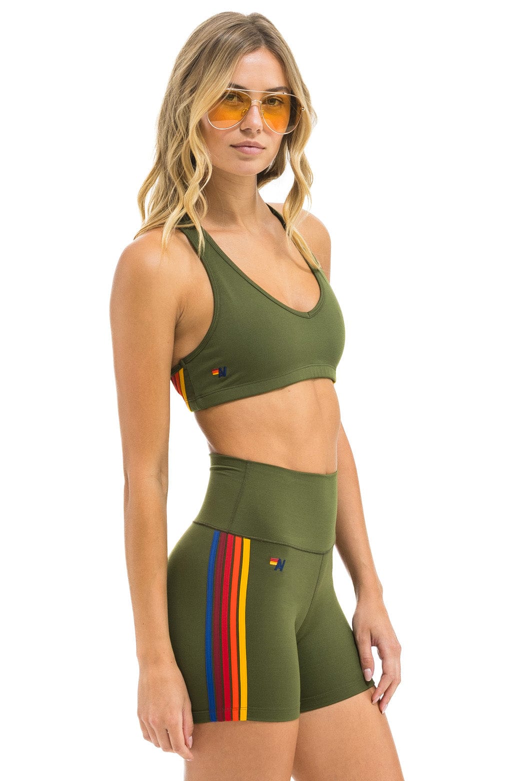 Retro 5 STRIPE RAINBOW 4 INCH HI-RISE BIKER SHORT - LEAF