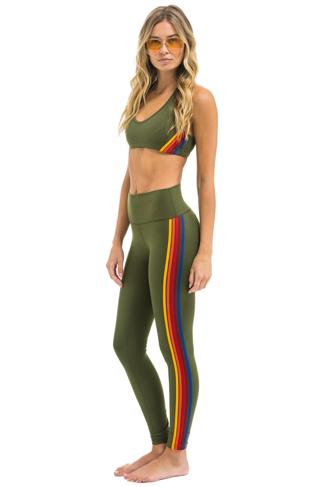 Retro FULL LENGTH HI-RISE 5 STRIPE LEGGINGS - LEAF