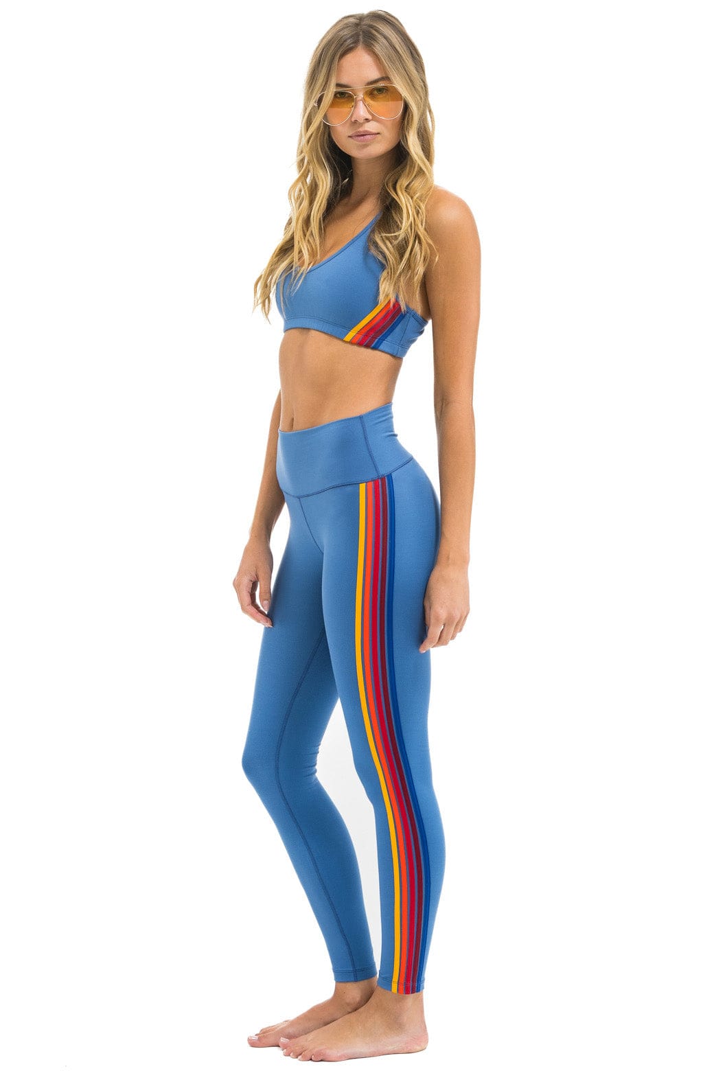Retro FULL LENGTH HI-RISE 5 STRIPE LEGGINGS - DUSTY BLUE
