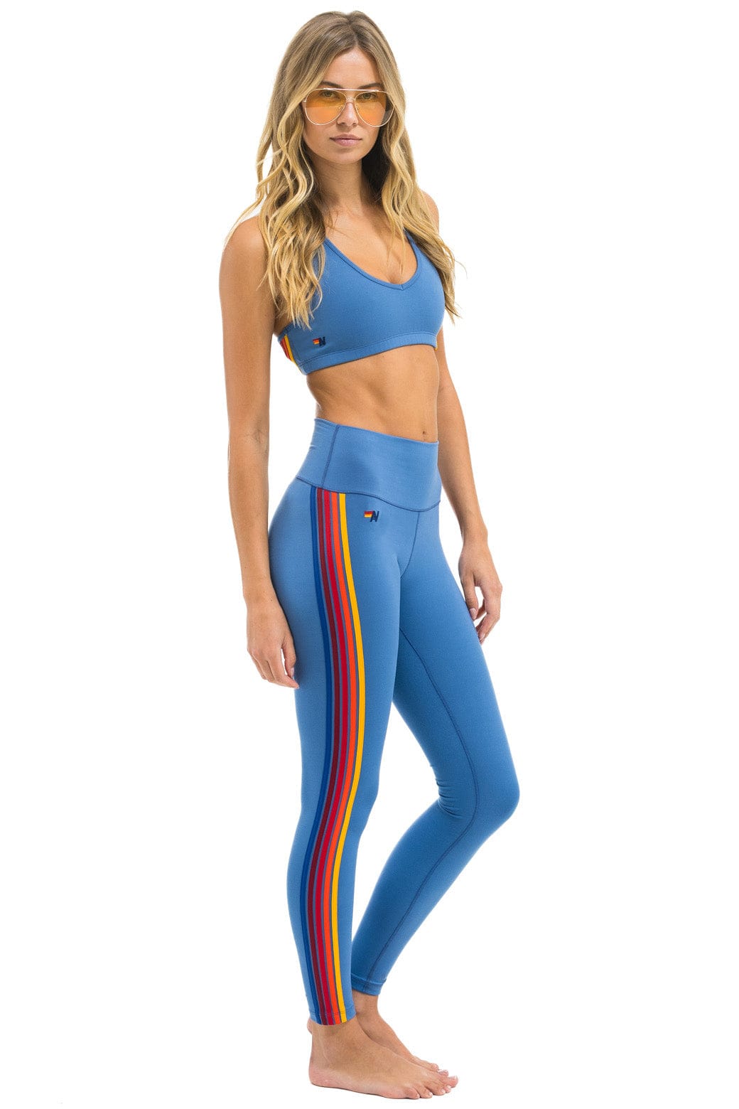Retro FULL LENGTH HI-RISE 5 STRIPE LEGGINGS - DUSTY BLUE