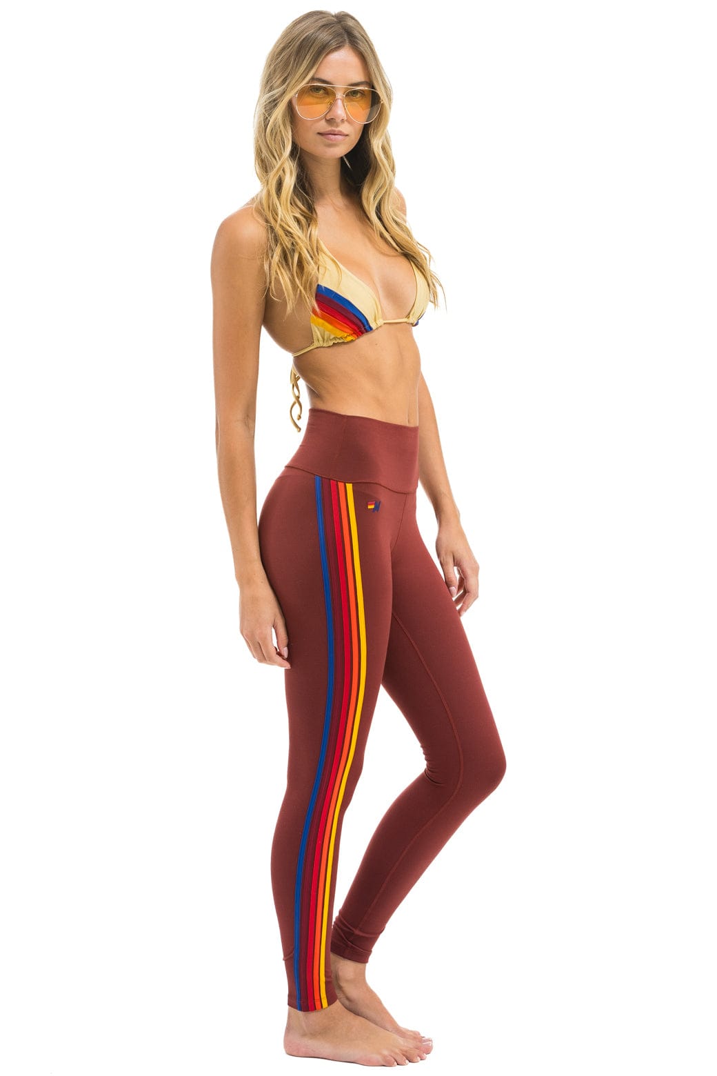 Retro FULL LENGTH HI-RISE 5 STRIPE LEGGINGS - BRICK