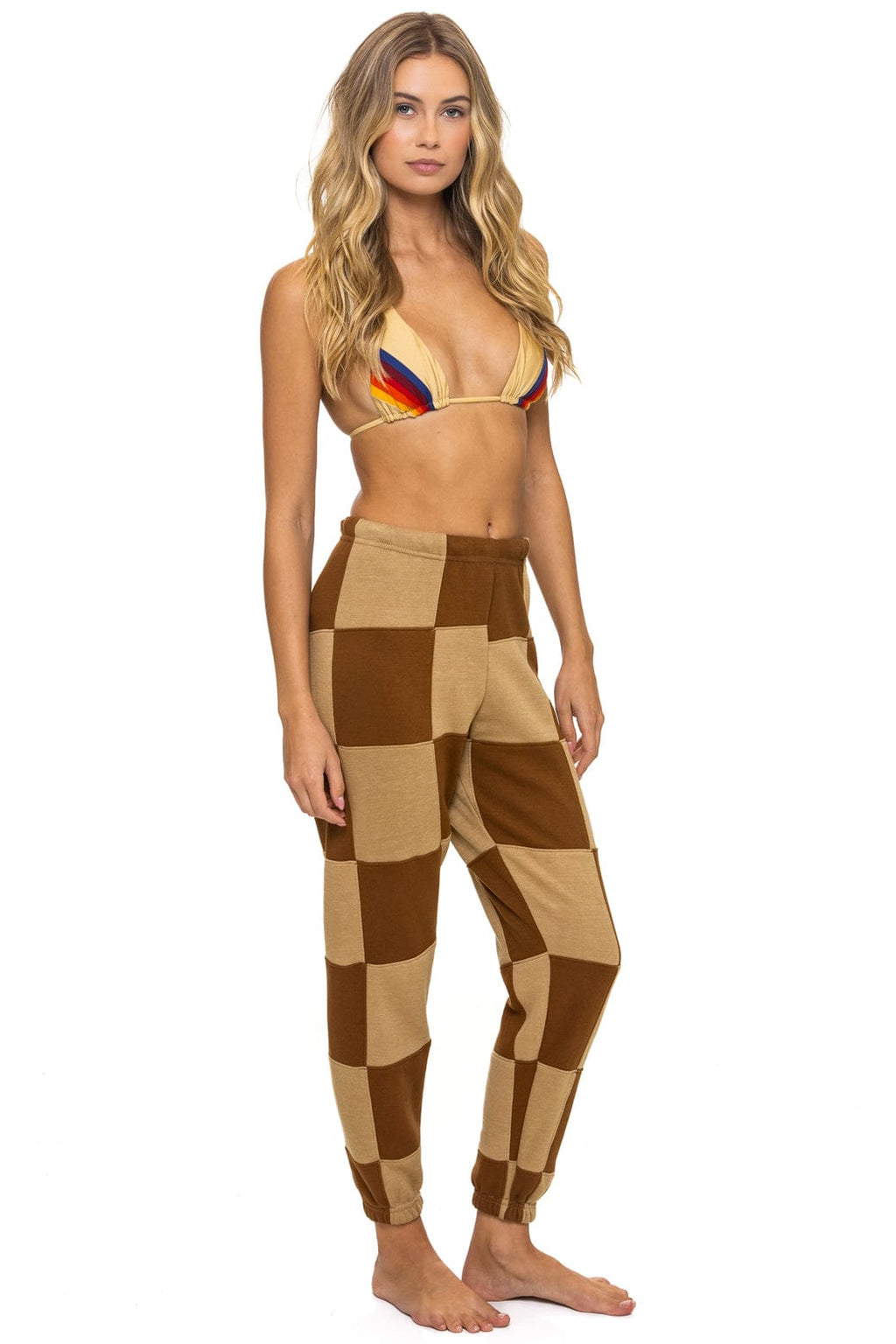 Retro CHECK QUILTED SWEATPANTS - TAN CINNAMON
