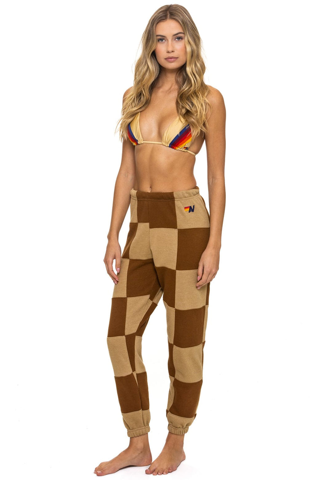 Retro CHECK QUILTED SWEATPANTS - TAN CINNAMON