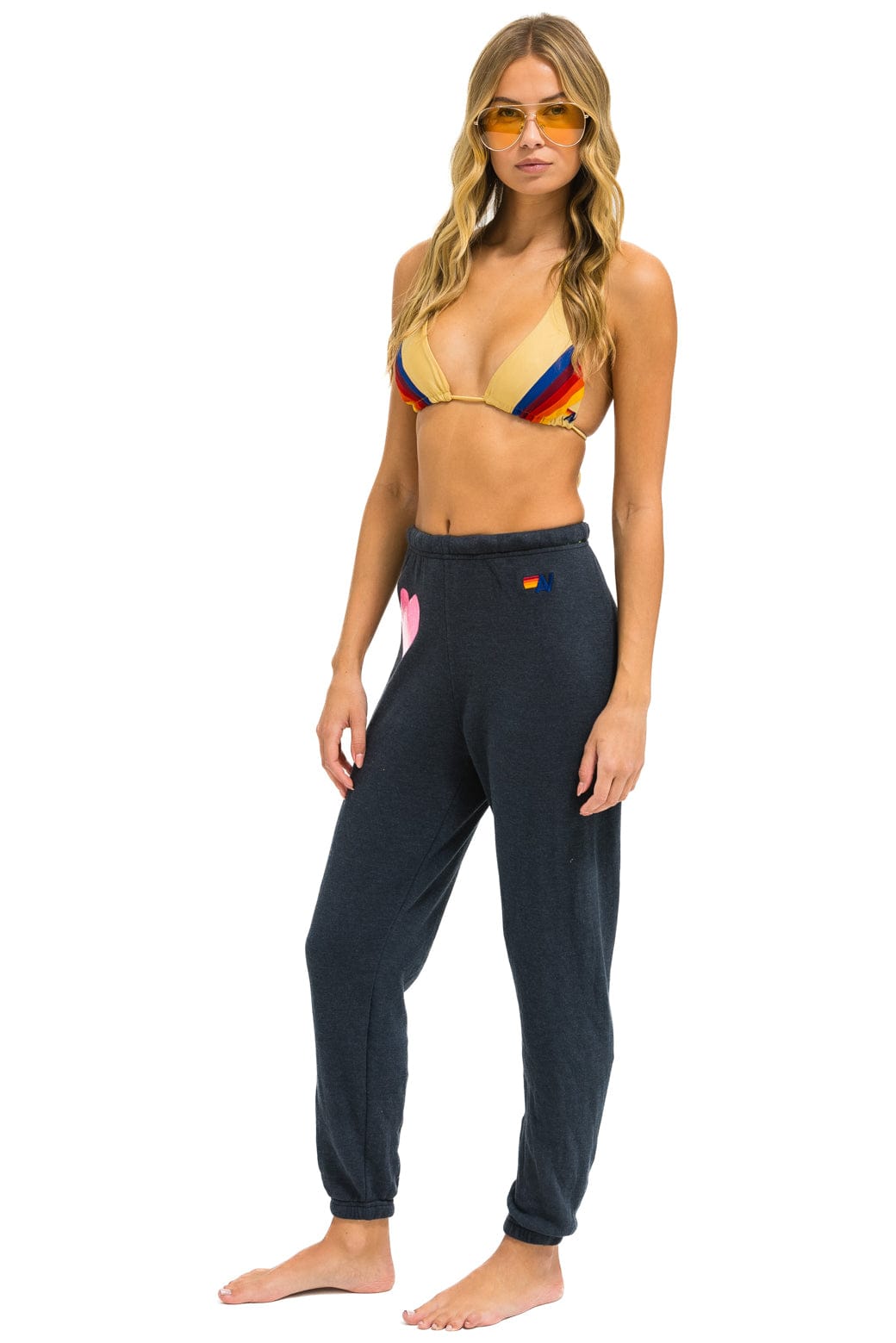 Retro GLITTER HEART SWEATPANTS - CHARCOAL NEON PINK