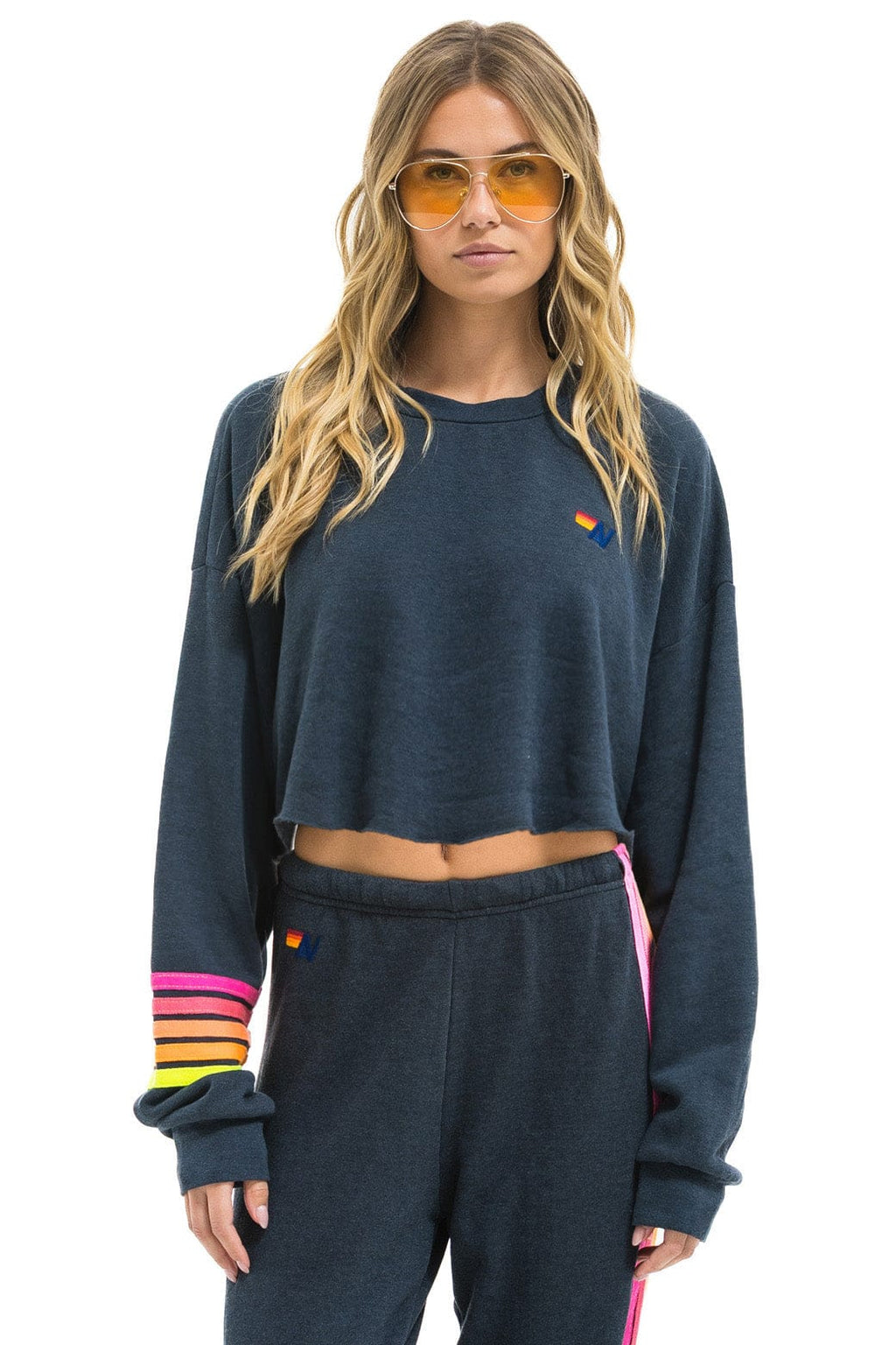 Retro RUGBY STITCH CROPPED CREW SWEATSHIRT RELAXED - CHARCOAL NEON