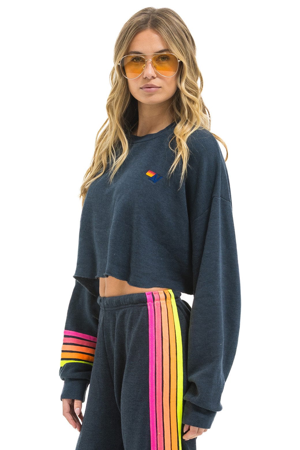 Retro RUGBY STITCH CROPPED CREW SWEATSHIRT RELAXED - CHARCOAL NEON