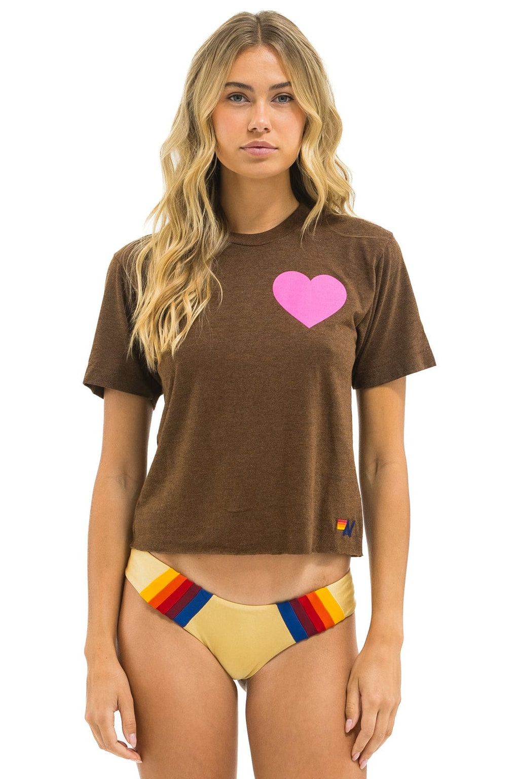 Retro HEART PRINT BOYFRIEND TEE - CHOCOLATE NEON PINK