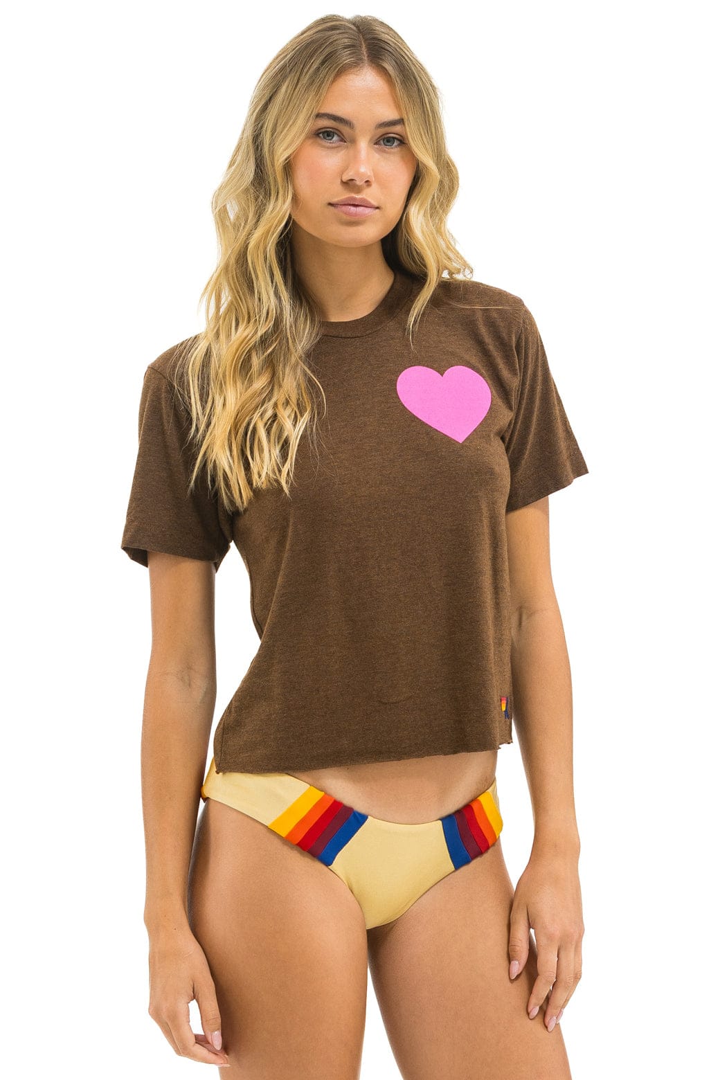 Retro HEART PRINT BOYFRIEND TEE - CHOCOLATE NEON PINK