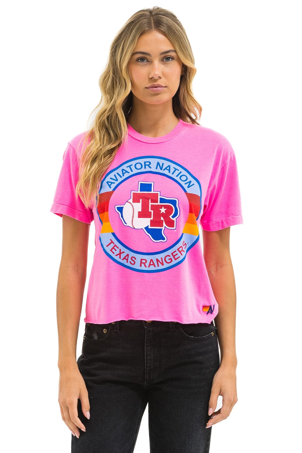 Retro TEXAS RANGERS AVIATOR NATION WOMENS BOYFRIEND TEE - NEON PINK