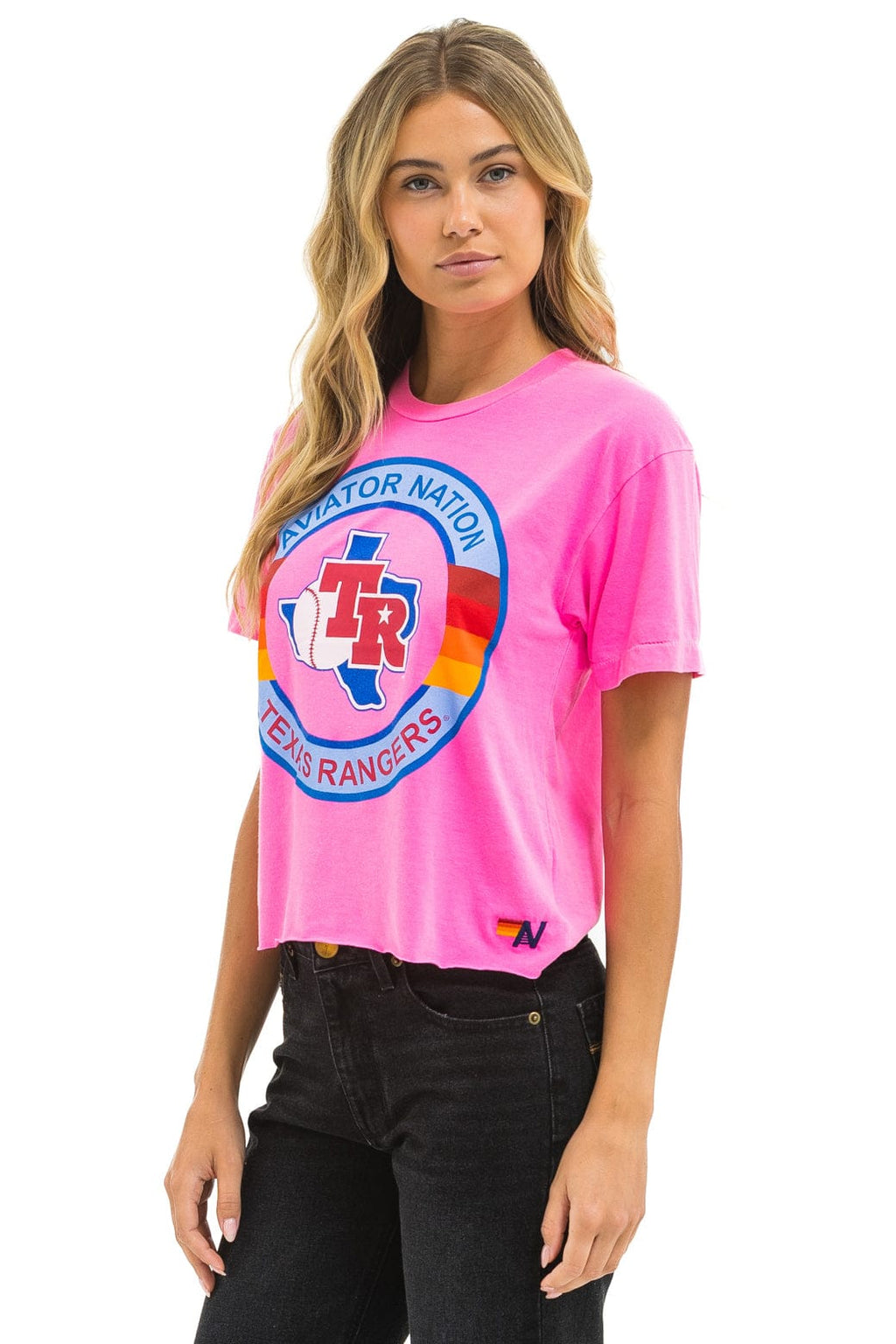 Retro TEXAS RANGERS AVIATOR NATION WOMENS BOYFRIEND TEE - NEON PINK
