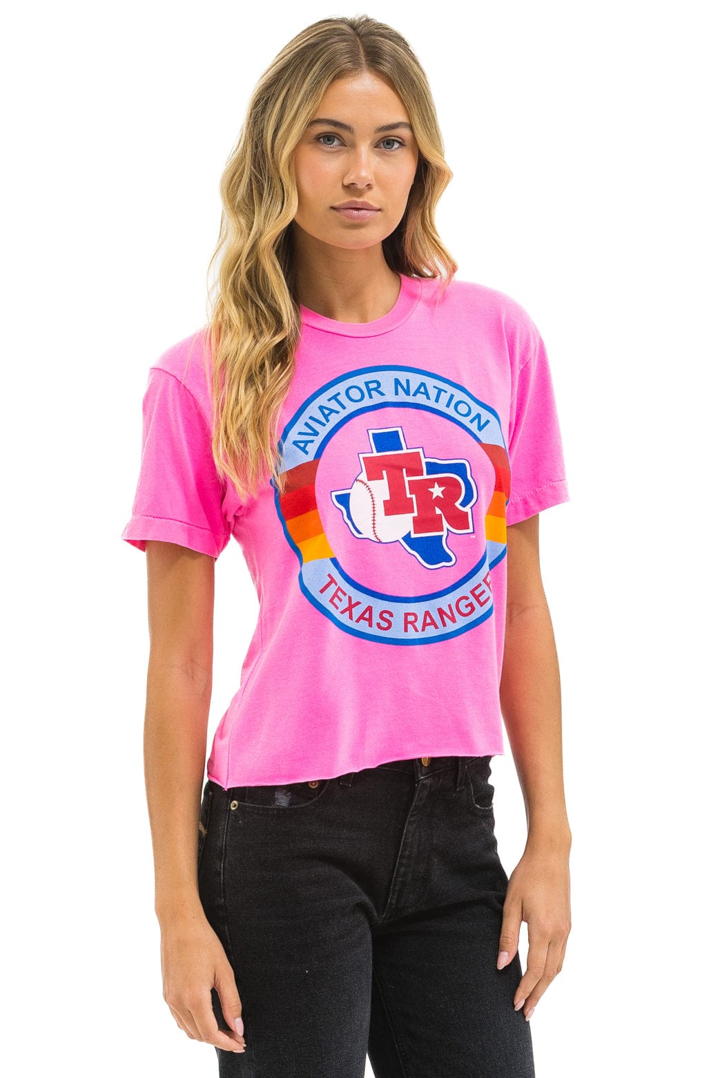 Retro TEXAS RANGERS AVIATOR NATION WOMENS BOYFRIEND TEE - NEON PINK