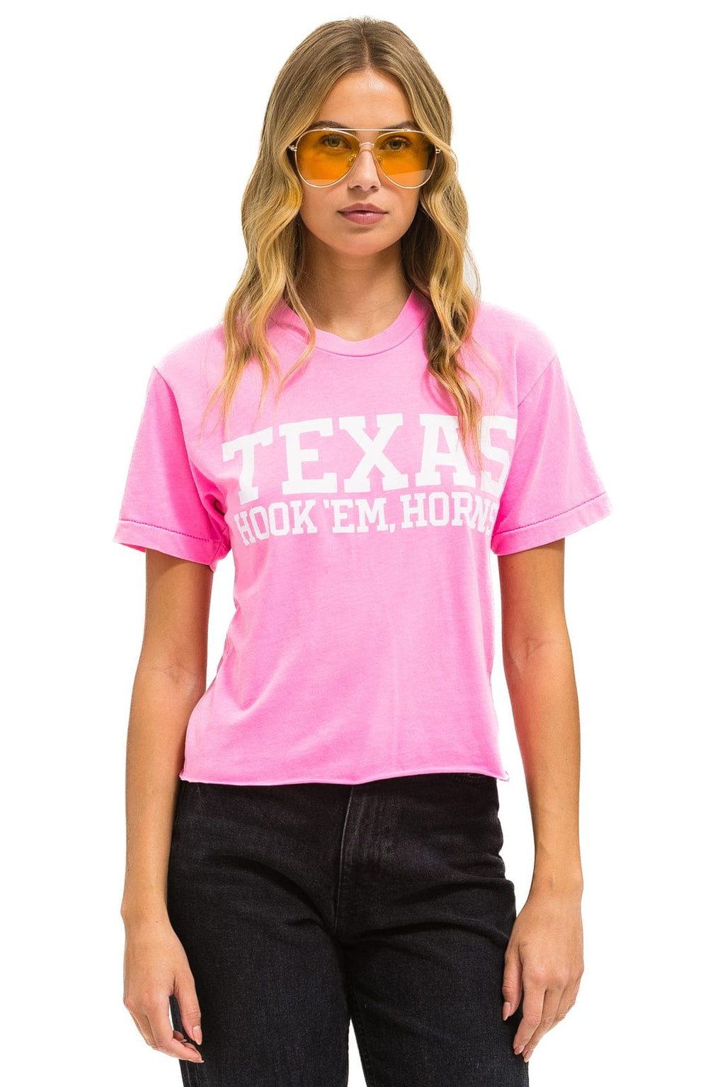 Retro UNIVERSITY OF TEXAS BOLT HOOKEM BOYFRIEND TEE - NEON PINK