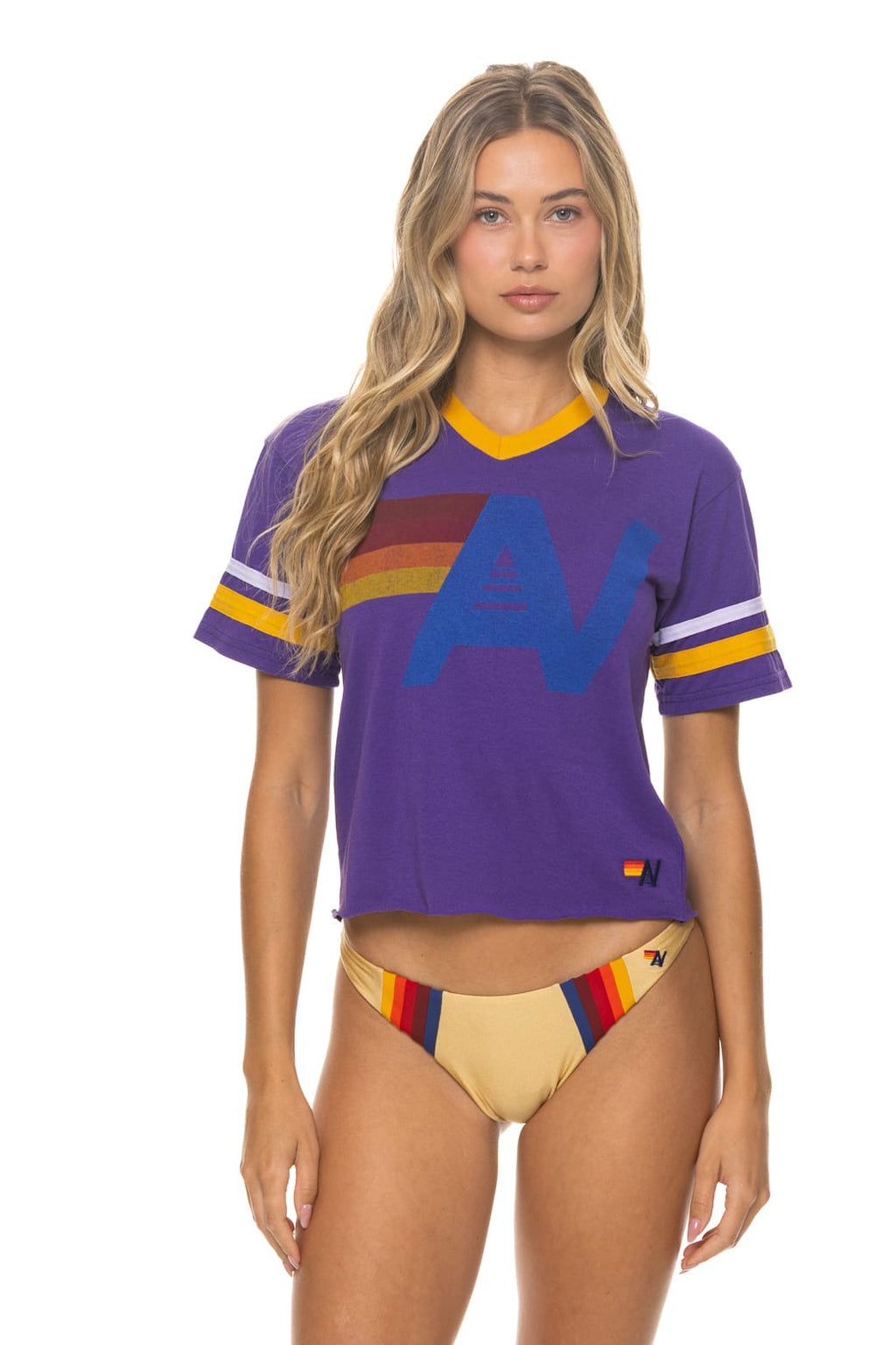 Retro LOGO V-NECK JERSEY BOYFRIEND TEE - DEEP PURPLE WHITE GOLD