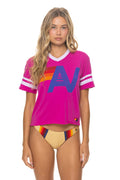 Retro LOGO V-NECK JERSEY BOYFRIEND TEE - MAGENTA WHITE
