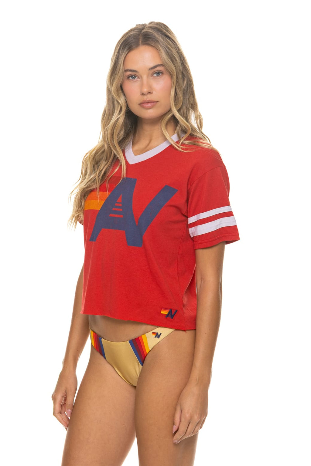 Retro LOGO V-NECK JERSEY BOYFRIEND TEE - RED WHITE