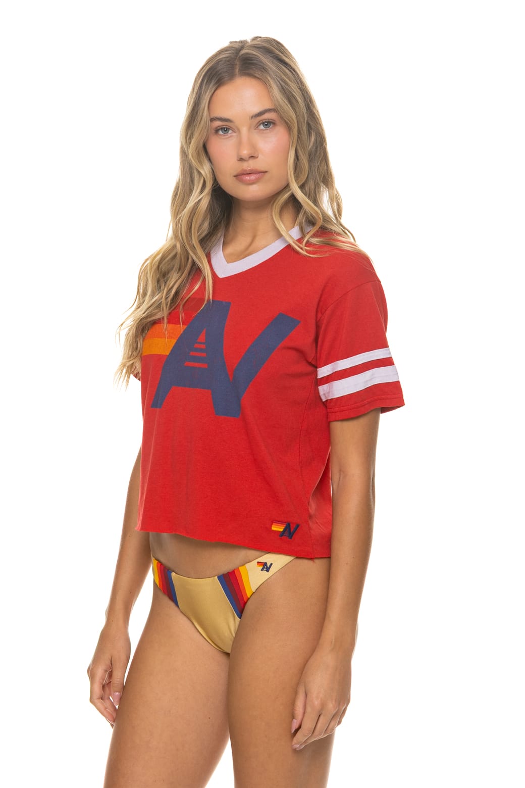 Retro LOGO V-NECK JERSEY BOYFRIEND TEE - RED WHITE