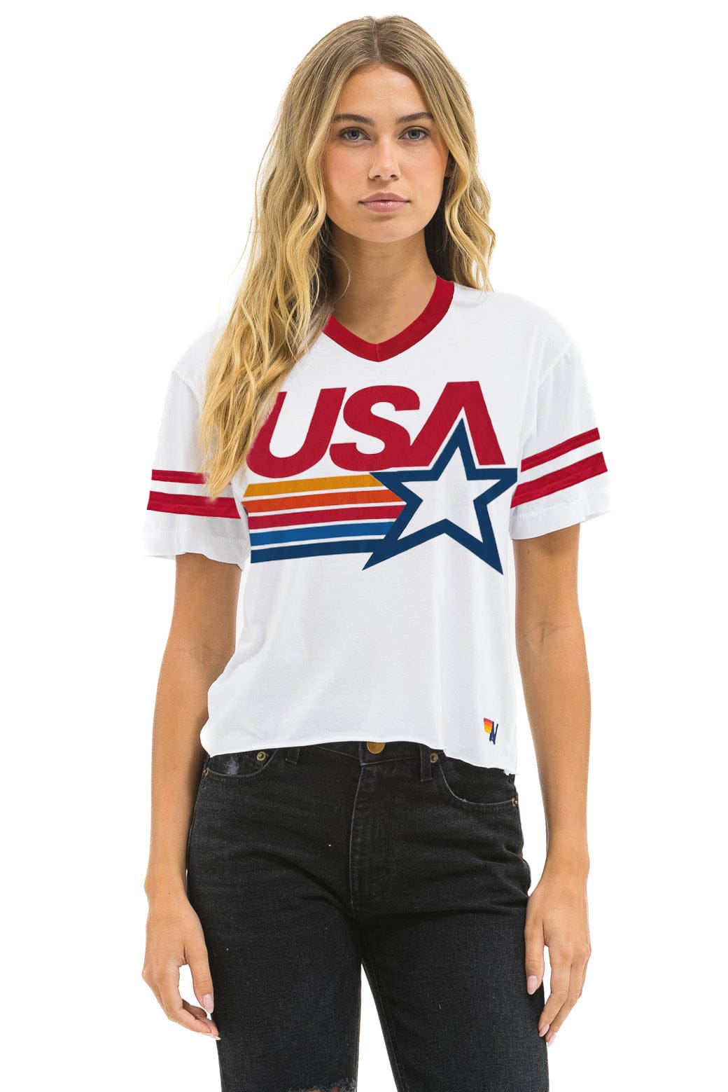 Retro USA STAR VNECK JERSEY BOYFRIEND TEE - WHITE RED
