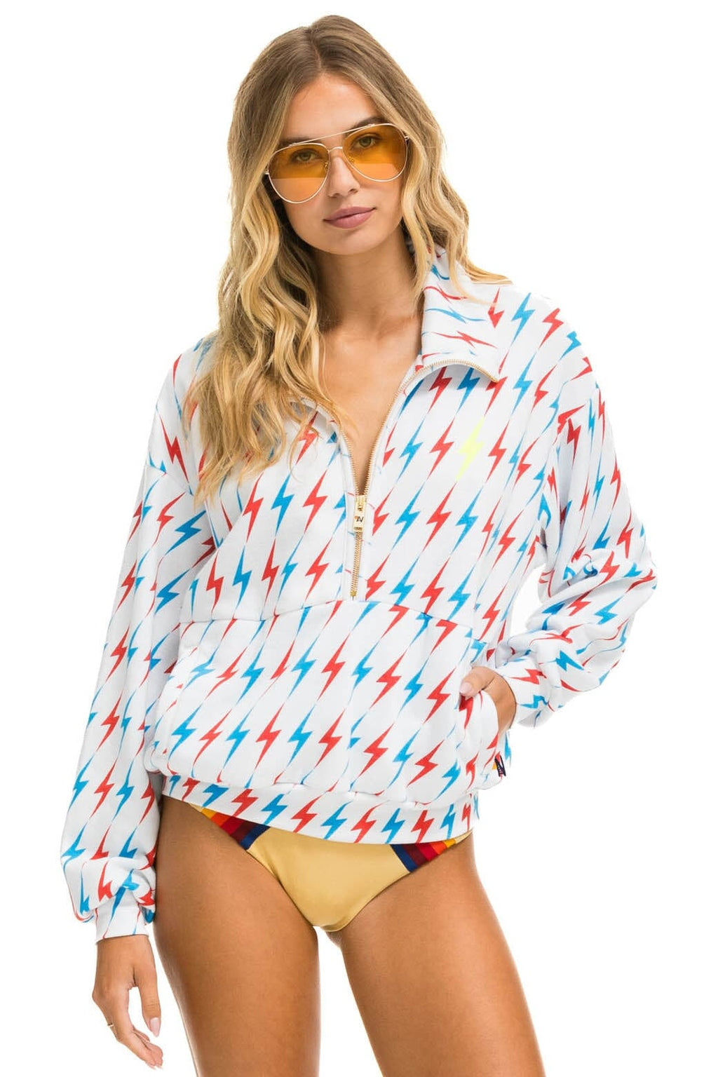 Retro AVIATOR BOLT W BOLT EMBROIDERY FLEECE HALF ZIP SWEATSHIRT - WHITE USA
