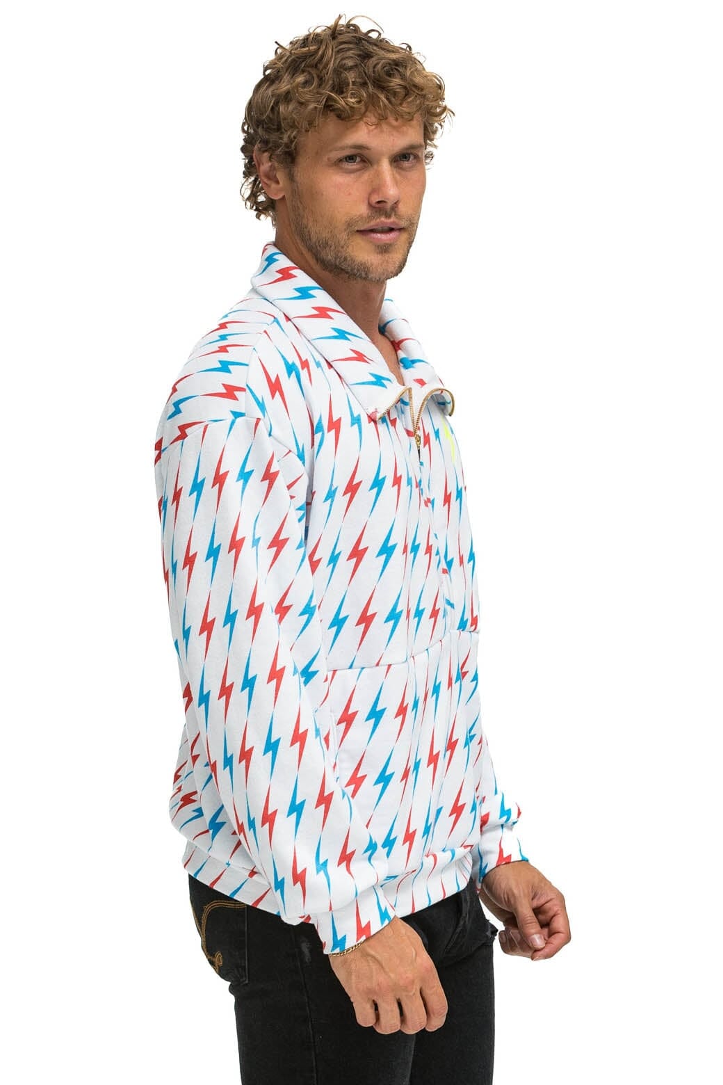 Retro AVIATOR BOLT W BOLT EMBROIDERY FLEECE HALF ZIP SWEATSHIRT - WHITE USA