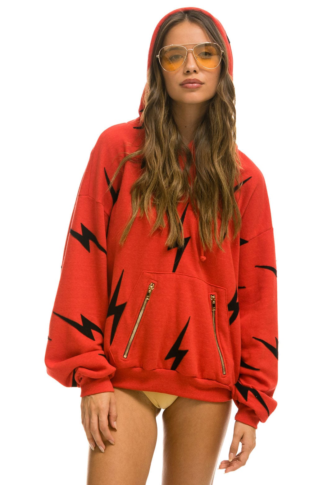 Retro BOLT STITCH REPEAT RELAXED PULLOVER HOODIE WITH POCKET ZIPPERS - RED BLACK