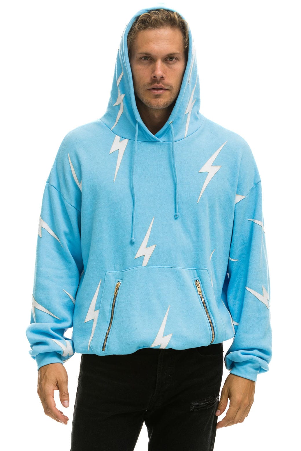 Retro BOLT STITCH REPEAT RELAXED PULLOVER HOODIE WITH POCKET ZIPPERS - SKY WHITE