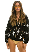 Retro BOLT STITCH REPEAT RELAXED ZIP HOODIE WITH POCKET ZIPPERS- BLACK WHITE