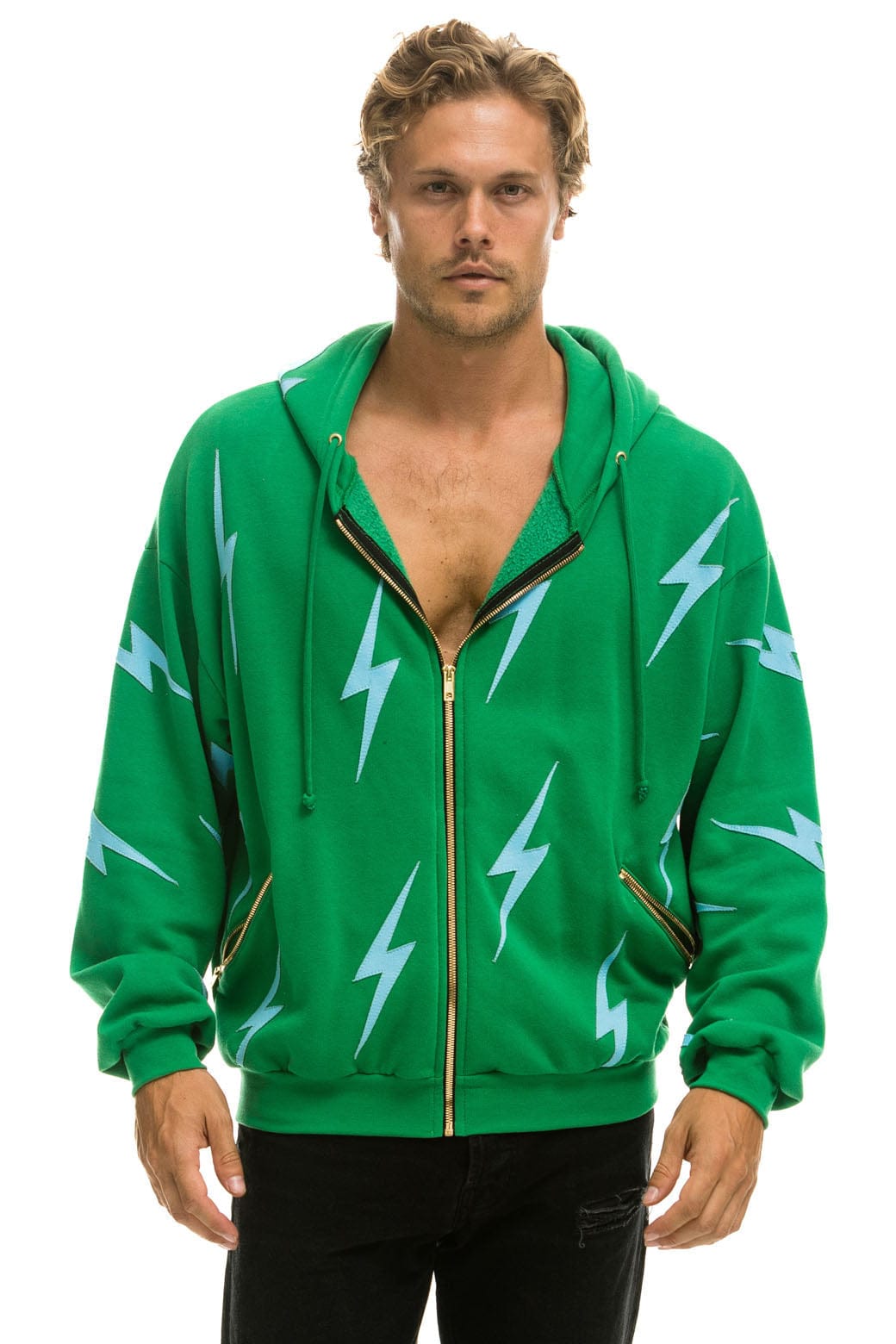 Retro BOLT STITCH REPEAT RELAXED ZIP HOODIE WITH POCKET ZIPPERS - KELLY GREEN BLUE