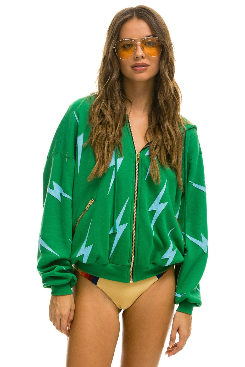 Retro BOLT STITCH REPEAT RELAXED ZIP HOODIE WITH POCKET ZIPPERS - KELLY GREEN BLUE