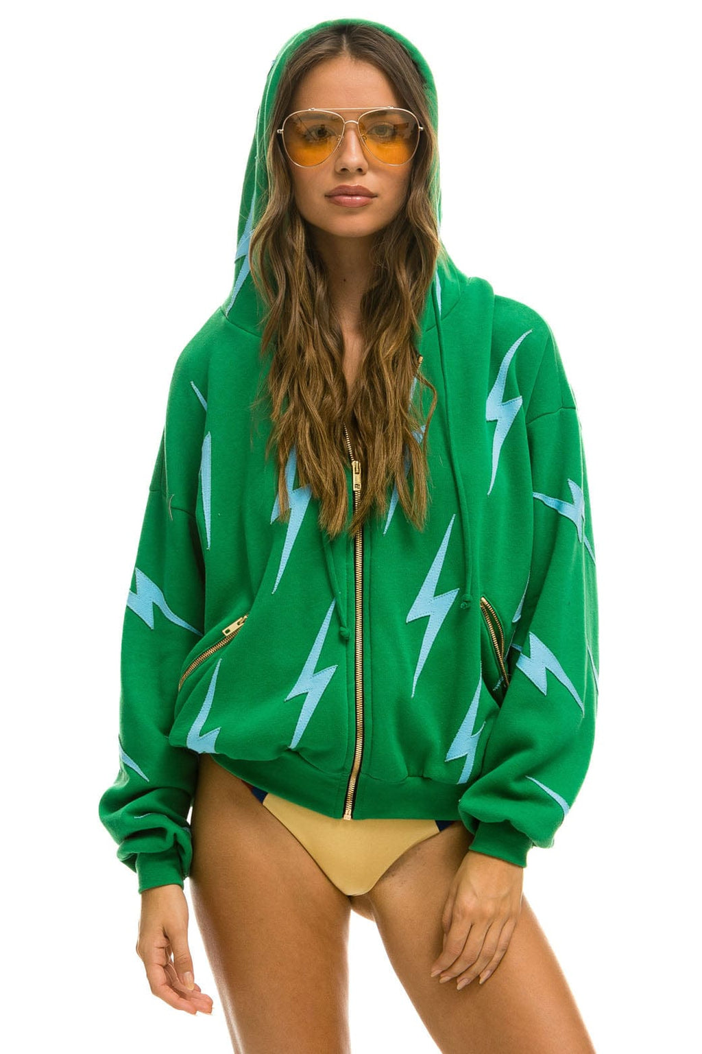 Retro BOLT STITCH REPEAT RELAXED ZIP HOODIE WITH POCKET ZIPPERS - KELLY GREEN BLUE