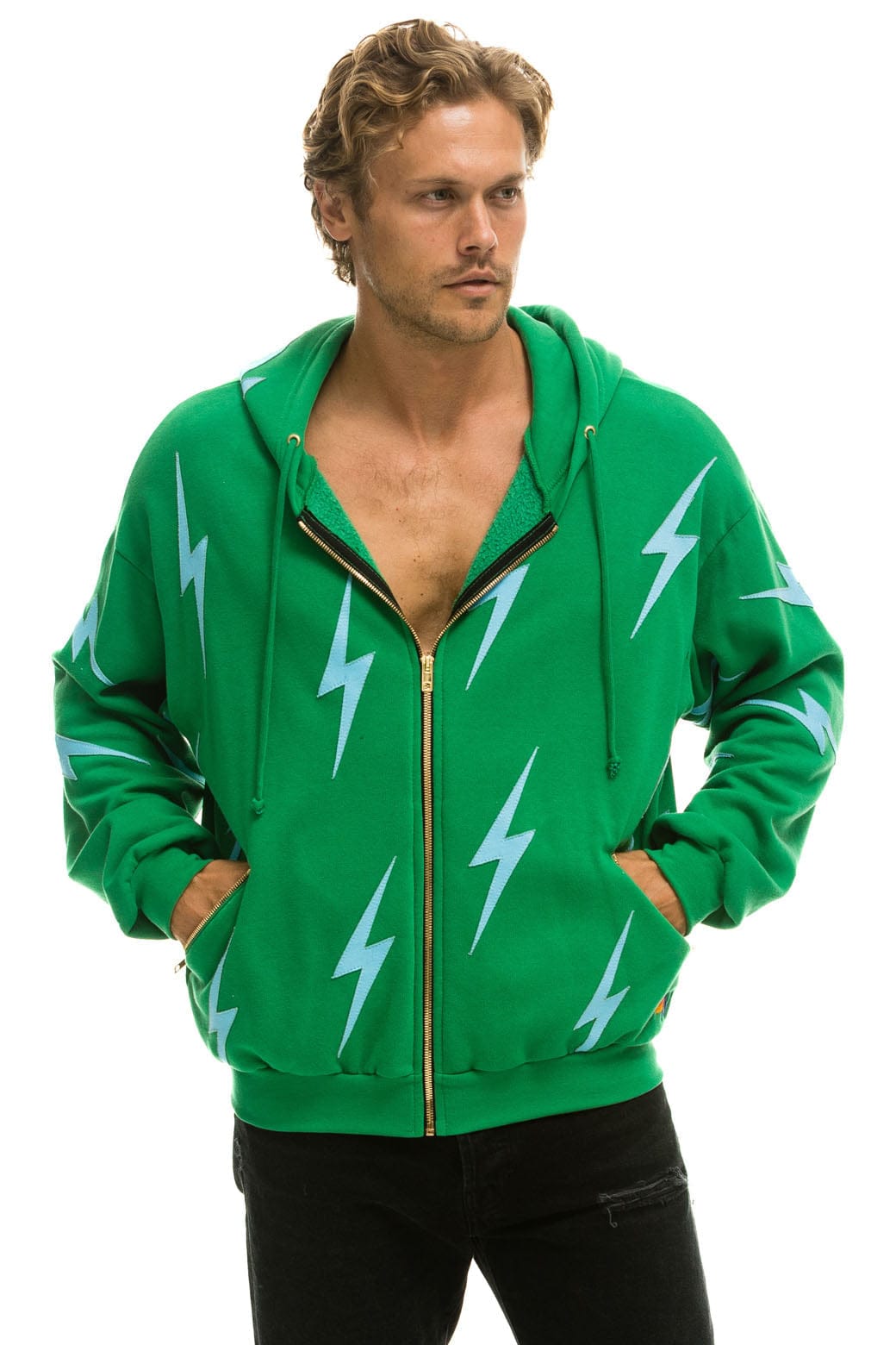 Retro BOLT STITCH REPEAT RELAXED ZIP HOODIE WITH POCKET ZIPPERS - KELLY GREEN BLUE