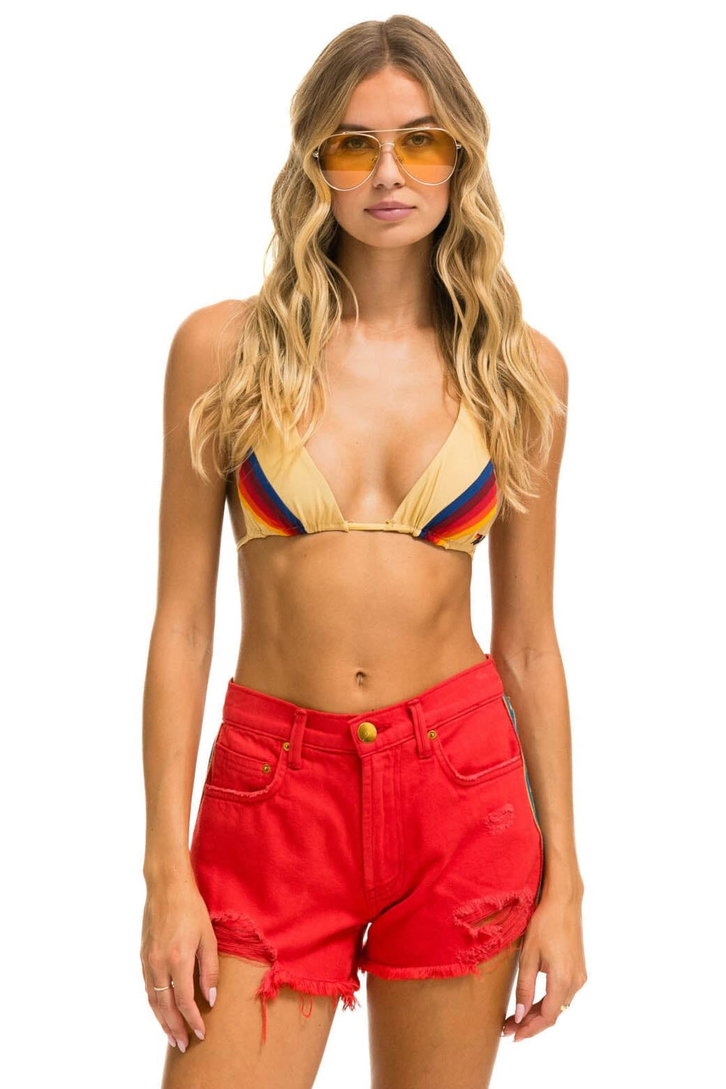 Retro BOLT STRIPE BOYFRIEND CUTOFF JEAN SHORTS - RED