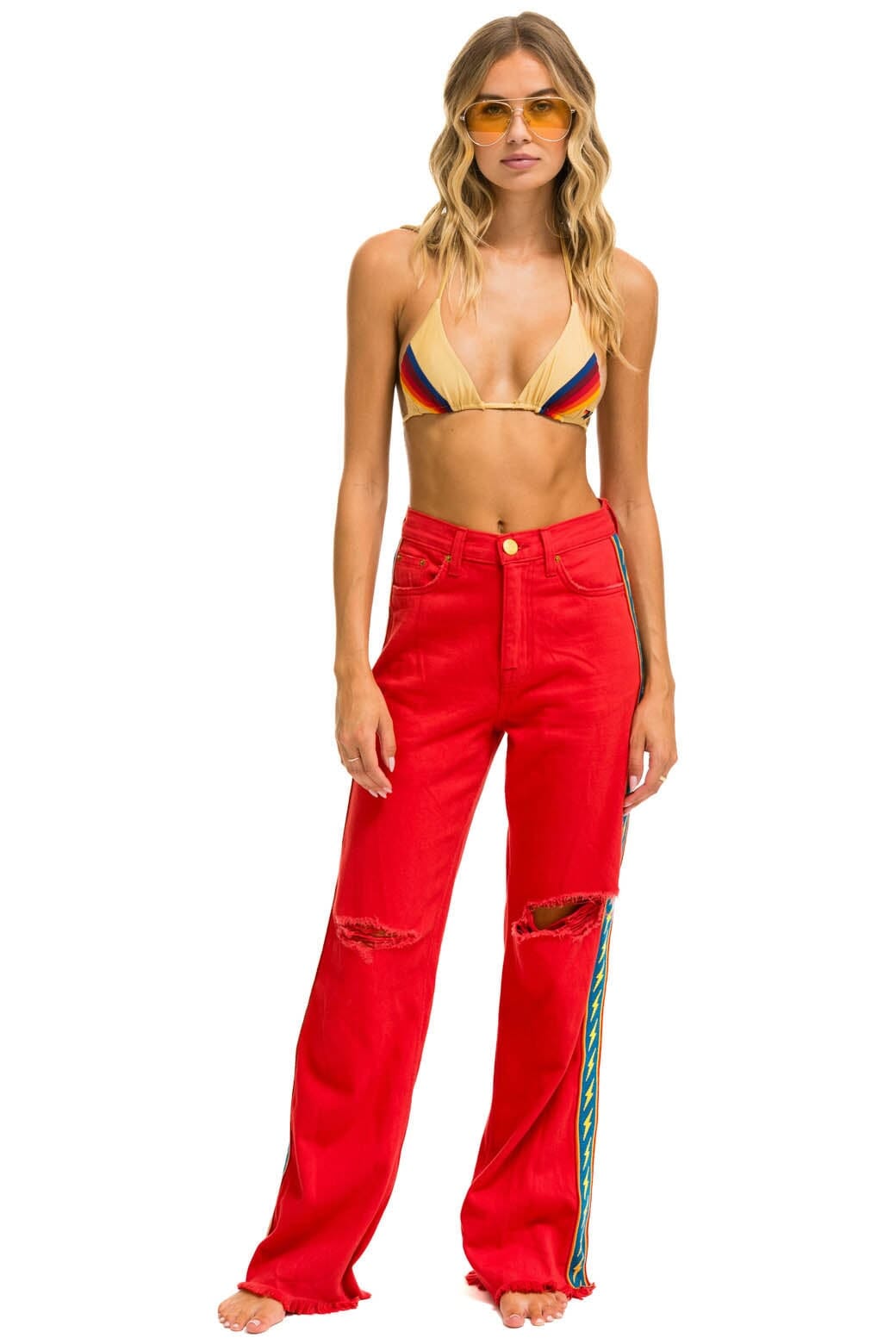 Retro BOLT STRIPE HI RISE WIDE-LEG GYPSY JEAN - RED