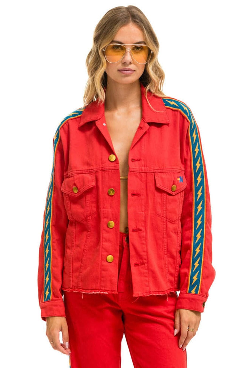 Retro BOLT STRIPE OVERSIZED CUTOFF DENIM JACKET - RED