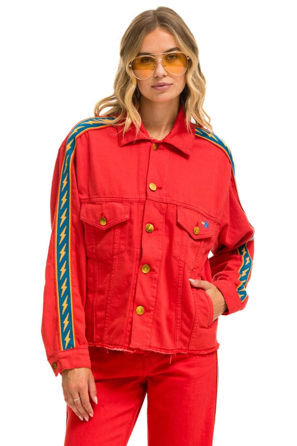 Retro BOLT STRIPE OVERSIZED CUTOFF DENIM JACKET - RED