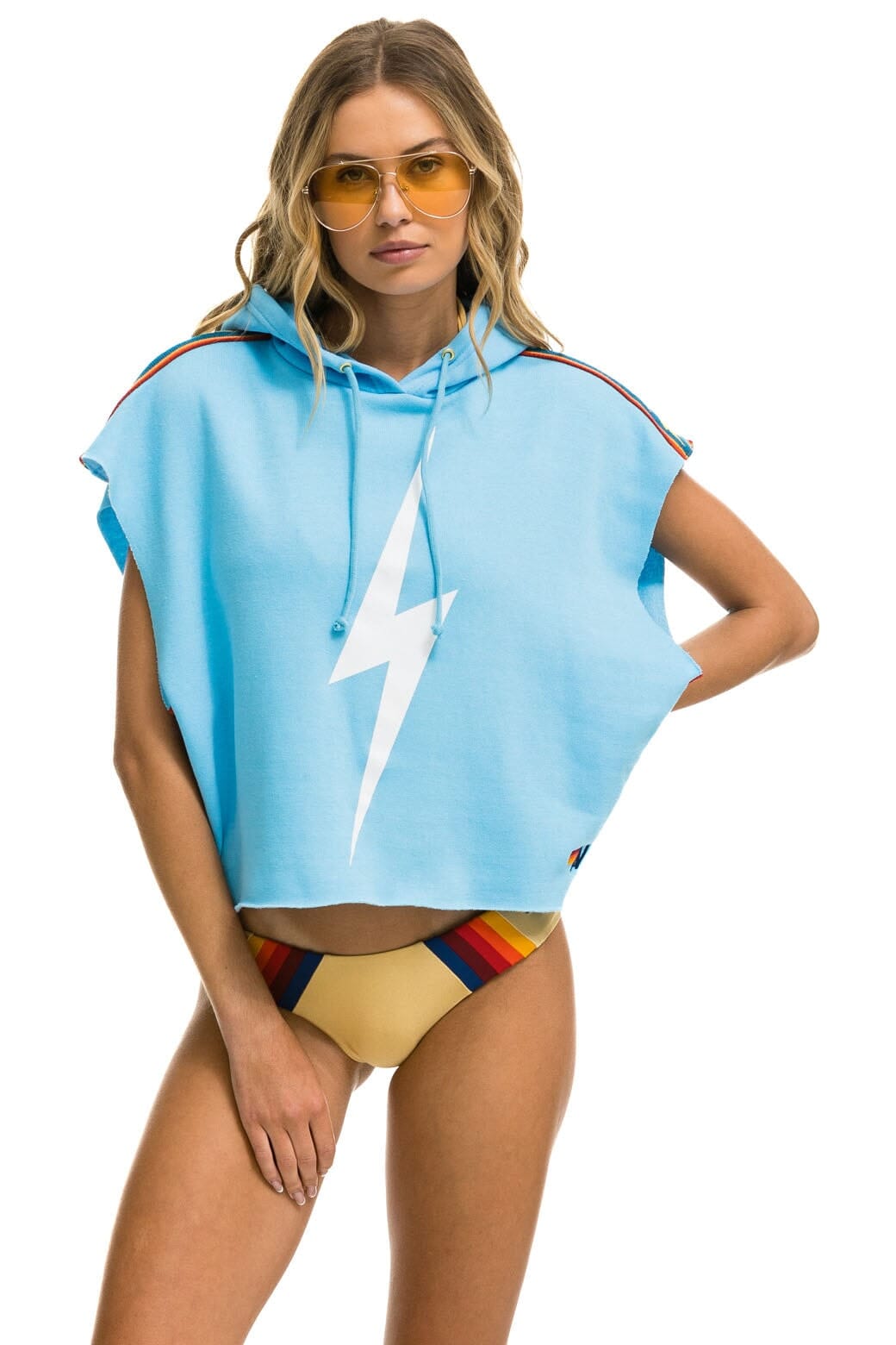 Retro BOLT STRIPE SLEEVELESS RELAXED CROPPED PULLOVER HOODIE - SKY
