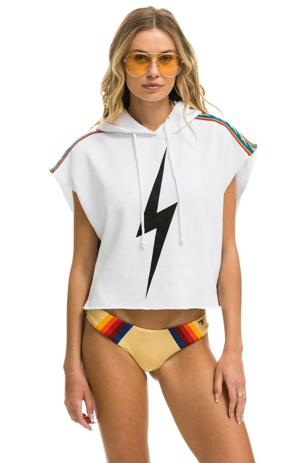 Retro BOLT STRIPE SLEEVELESS RELAXED CROPPED PULLOVER HOODIE - WHITE